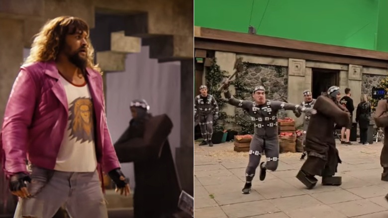Jason Momoa and Jack Black with a brown-costumed extra in A Minecraft Movie
