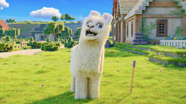 A llama stands in a Minecraft field in "A Minecraft Movie" (2025)