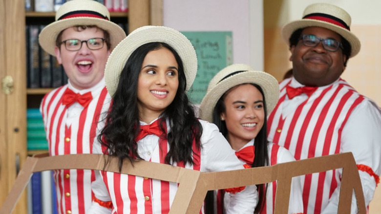 High schoolers in barbershop quartet costumes in A.P. Bio
