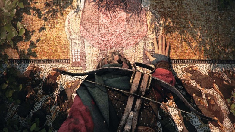Amicia bowing and touching a mural