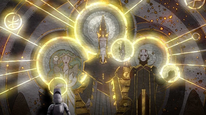 A glowing mural depicting the Ones of Mortis in Star Wars: Rebels