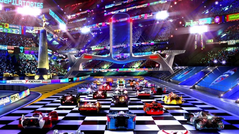 Cars lined up for race in Speed Racer (2008)