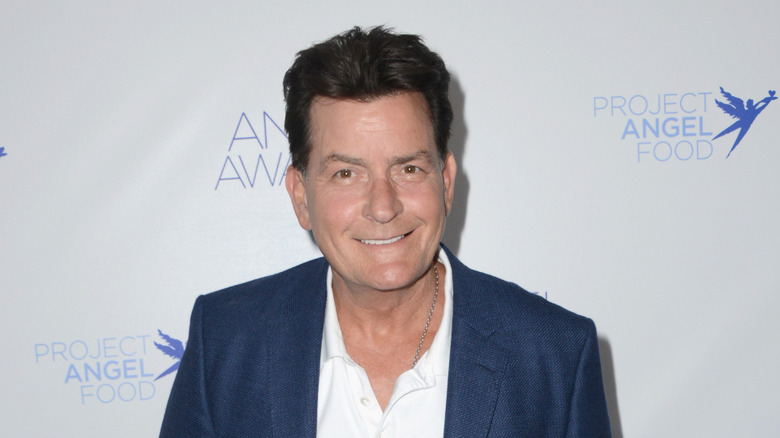 Charlie Sheen smiles for the media
