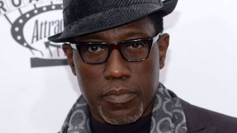 Wesley Snipes wearing glasses, a hat, and a scarf at a press event