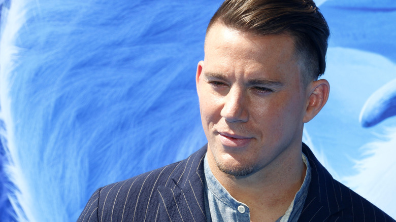 Channing Tatum wearing blue striped suit
