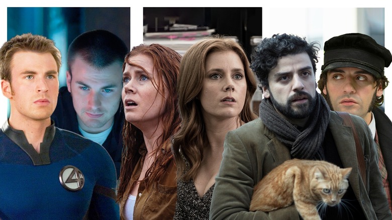 A collage of characters played by Chris Evans, Amy Adams, and Oscar Isaac
