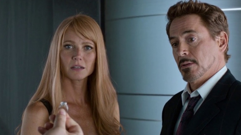 Pepper Potts and Tony Stark look at a ring in "Spider-Man: Homecoming" (2017)