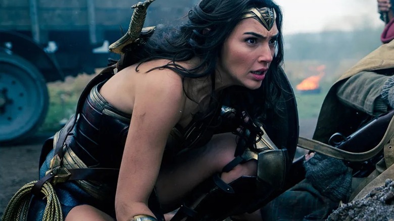 Diana Prince crouching on the battlefield in "Wonder Woman"