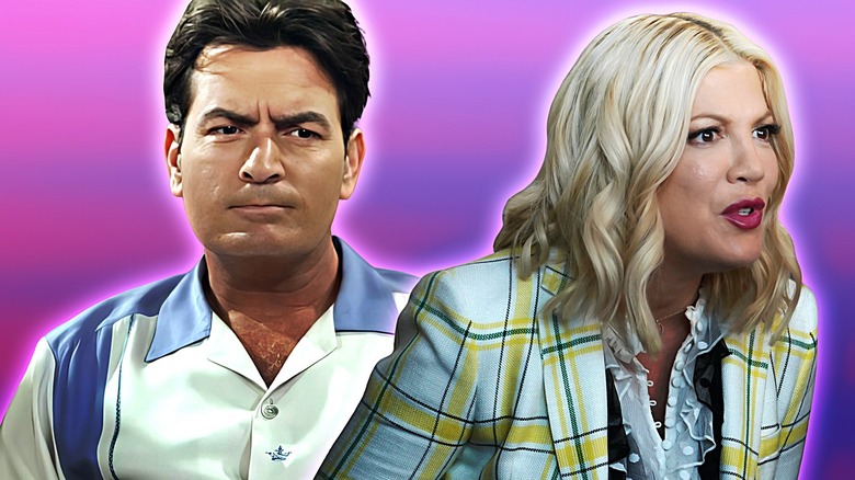 Charlie Sheen and Tori Spelling looking grumpy