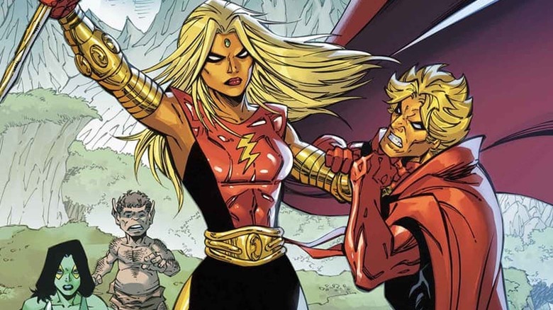 Eve Warlock holding Adam Warlock by the neck