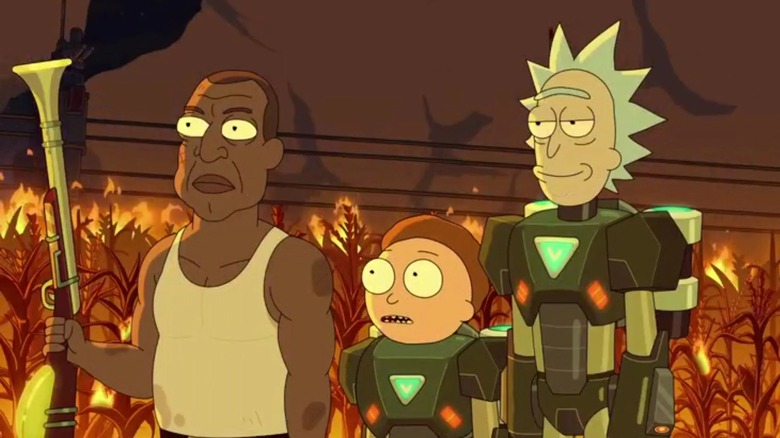 President Curtis standing with Morty and Rick