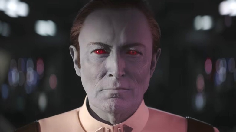 Grand Admiral Thrawn grimacing under red light, wearing a tight white Imperial uniform, in 