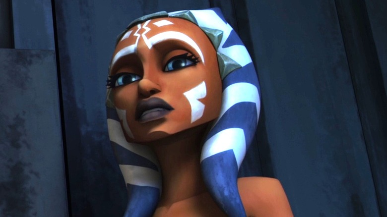 Ahsoka Tano looking serious to the left