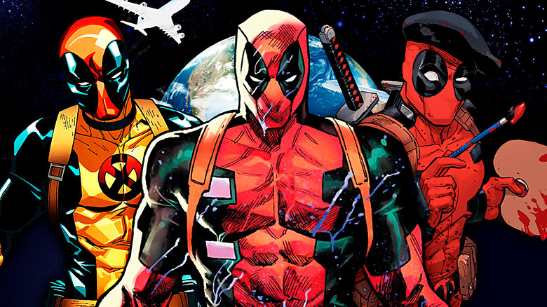 Three Deadpools and Earth composite