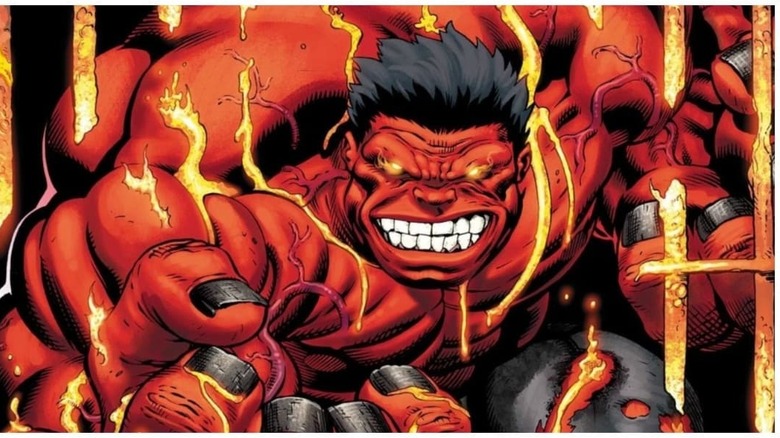 Red Hulk busting through bars