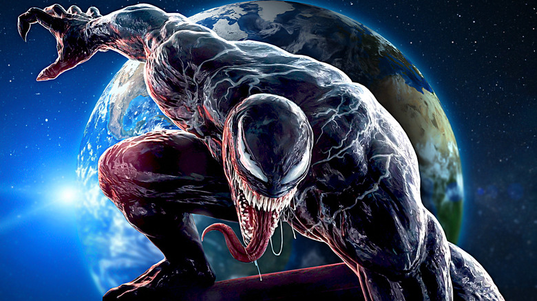 Venom in front of globe