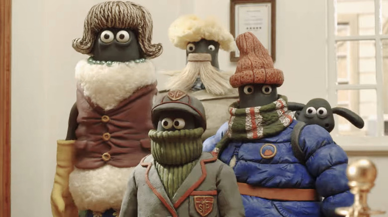 Shaun and the other Mossy Bottom sheep disguised in human clothing in "Shaun the Sheep Movie" (2015)