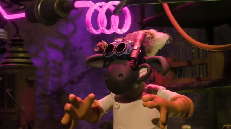 Shaun the Sheep in a mad scientist getup doing experiments in "Shaun the Sheep: The Beast of Mossy Bottom" (2026)