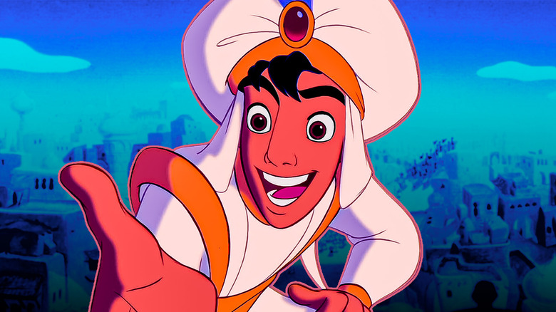 Aladdin extending his hand to Jasmine in Aladdin against a blue backdrop