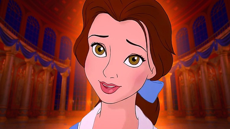 Belle with the Beast's ballroom in the background