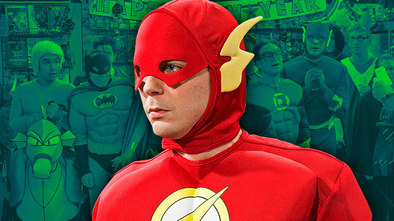 Sheldon as the Flash in front of his friends dressed as the Justice League characters on The Big Bang Theory