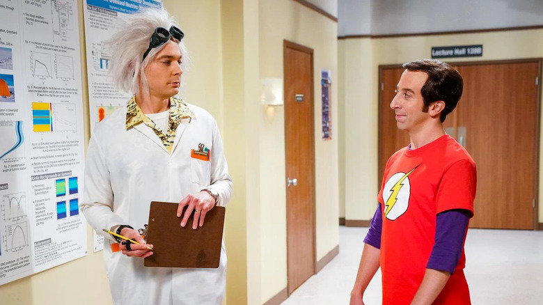 Sheldon as a mad scientist looking at Howard dressed as Sheldon on The Big Bang Theory
