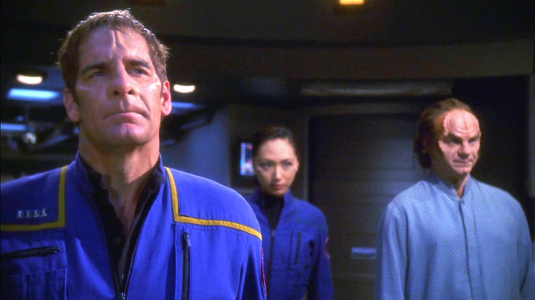 Jonathan Archer stands with Phlox and Hoshi after getting genetically rewired in Enterprise (2001 - 2005)