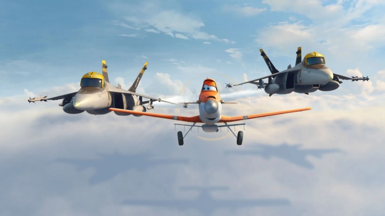Dusty Crophopper zooming with his jet buddies in "Planes"