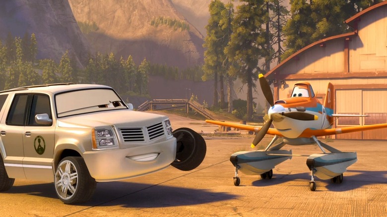 A scheming car bureaucrat making nice with Dusty Crophopper in "Planes: Fire & Rescue"