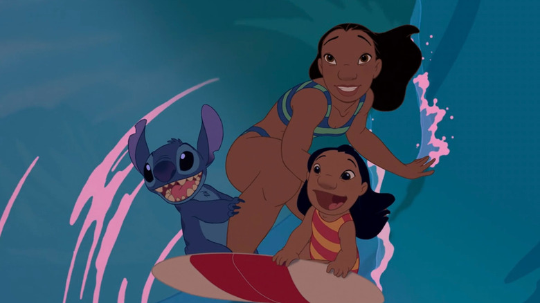 Stitch, Nani and Lilo on a surfboard in Lilo & Stitch