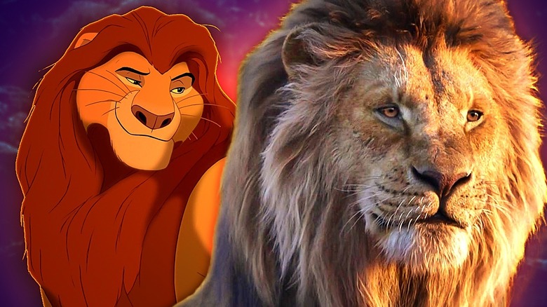 Animated Mufasa and remake Mufasa standing side by side against a purple backdrop