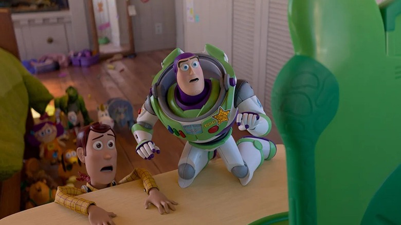 Buzz and Woody confronting the Lilypad tablet in "Toy Story 5" (2026)
