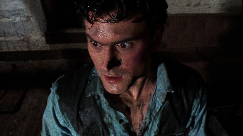 Ash sweaty and looking scared in The Evil Dead