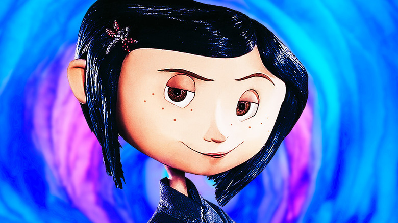 Close-up of Coraline Jones from Coraline looking determined. Background of the tunnel from the movie