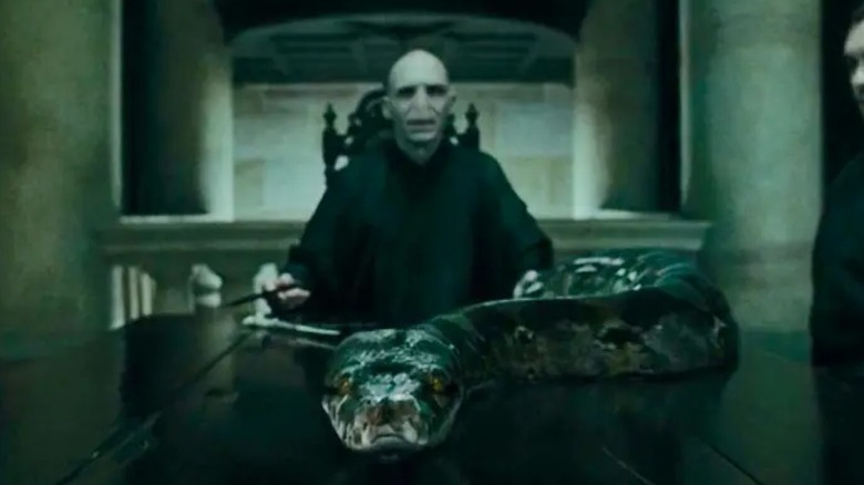 Nagini slithering on a table in front of Voldemort in Harry Potter and the Deathly Hallows Part 1