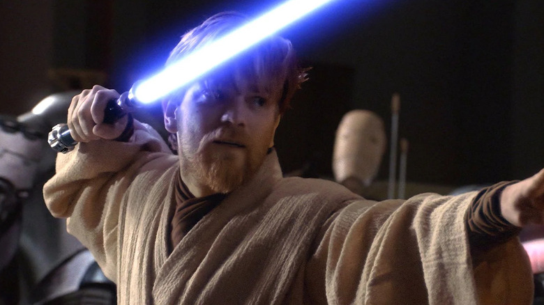 Obi-Wan Kenobi assuming a Soresu stance against General Grievous in Revenge of the Sith (2005)