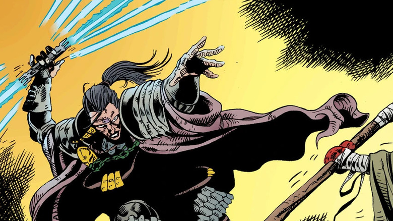 Exar Kun flourishing his lightsaber in combat in the Tales of the Jedi comics