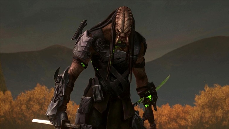 A Predator approaching Japanese samurai in Predator: Killer of Killers (2025)