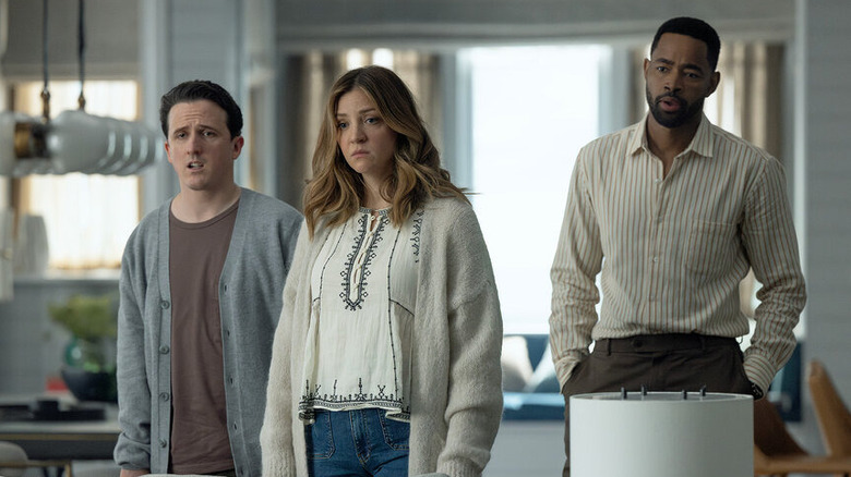 Brian, Lia, and Colin looking confused in the Irvine living room on All Her Fault