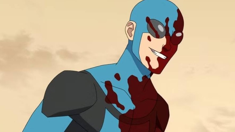 Head Cap Invincible smiling while covered in blood in Invincible Season 3