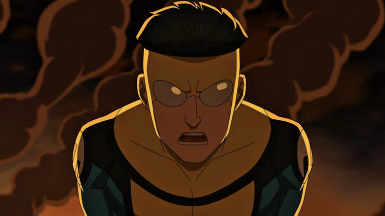 Stripevincible yelling with smoke in background in Invincible Season 3