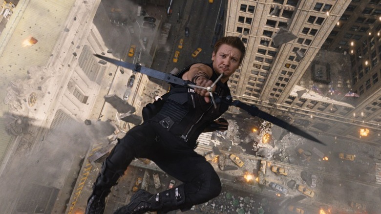 Hawkeye fires grapple arrow