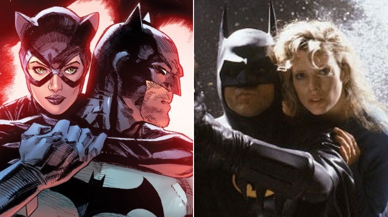 Split image of Catwoman and Batman from the comics and Michael Keaton as Batman and Kim Basinger as Vicki Vale in 1989's Batman