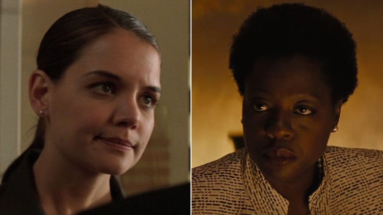 Split image of Katie Holmes as Rachel Dawes in 2005's Batman Begins and Viola Davis as Amanda Waller