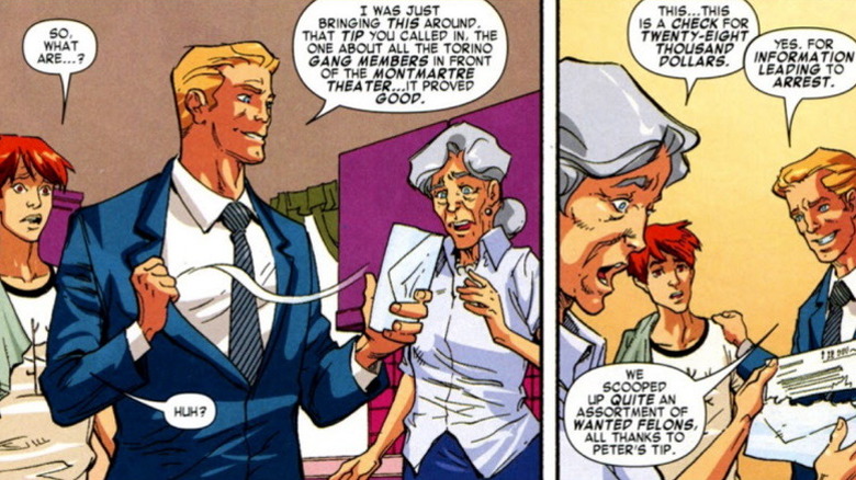 Captain George Stacy gives Aunt May $28,000