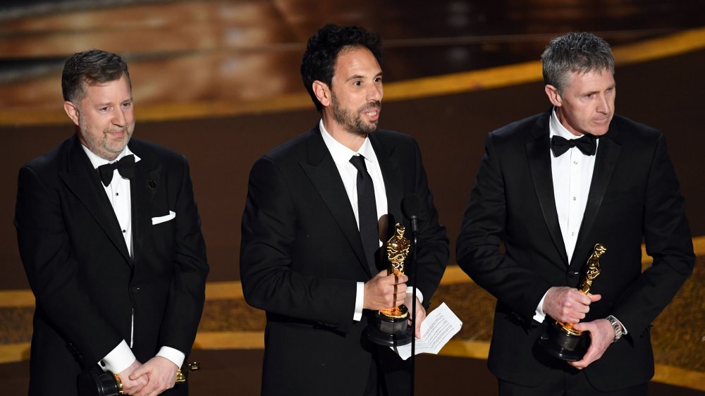 Greg Butler, Guillaume Rocheron, and Dominic Tuohy accepting their Oscars for Best Visual Effects in 1917