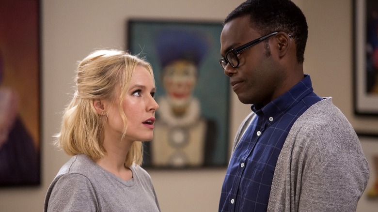 Eleanor Shellstrop and Chidi Anagonye talking
