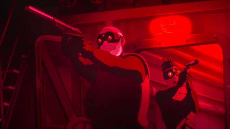 Fisher and Zinnia walk through the facility aiming guns in "Splinter Cell: Deathwatch"