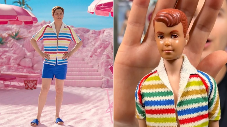 Side-by-side pictures of Allan standing in a desert in "Barbie" and an original Allan doll being held up by two hands