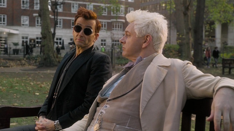 Aziraphale and Crowley on a bench